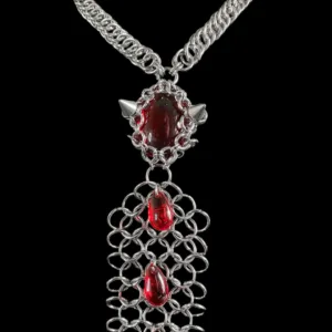 Dark Gothic Chainmail Necklace with Crimson Crystal Drops