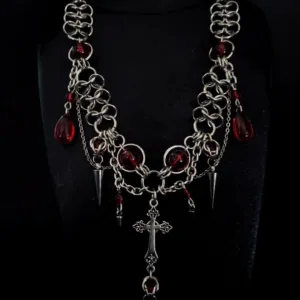 Gothic Cross Necklace with Blood-Red Accents