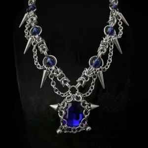 Gothic Spike Chain Necklace Featuring a Blue Crystal Pendant