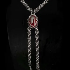 Gothic Bolo Tie Chainmail Necklace with Red Crystal Gemstone