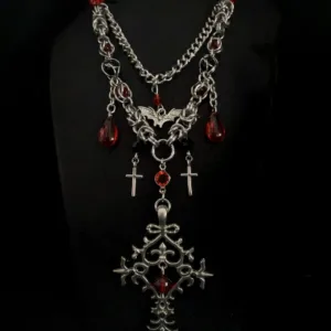 Layered Vampire Gothic Cross Necklace Adorned with Blood-Red Crystals