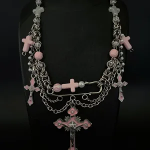 Pastel Pink Layered Necklace with Gothic Cross Charm