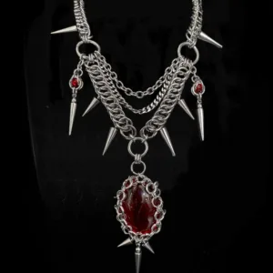 Crimson Bloodstone Gothic Chainmail Spike Necklace