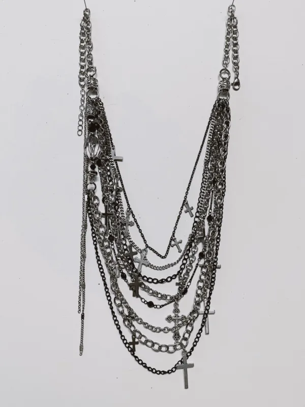 Dark Gothic Layered Chain Necklace with Cross Pendants - AN-Madtech